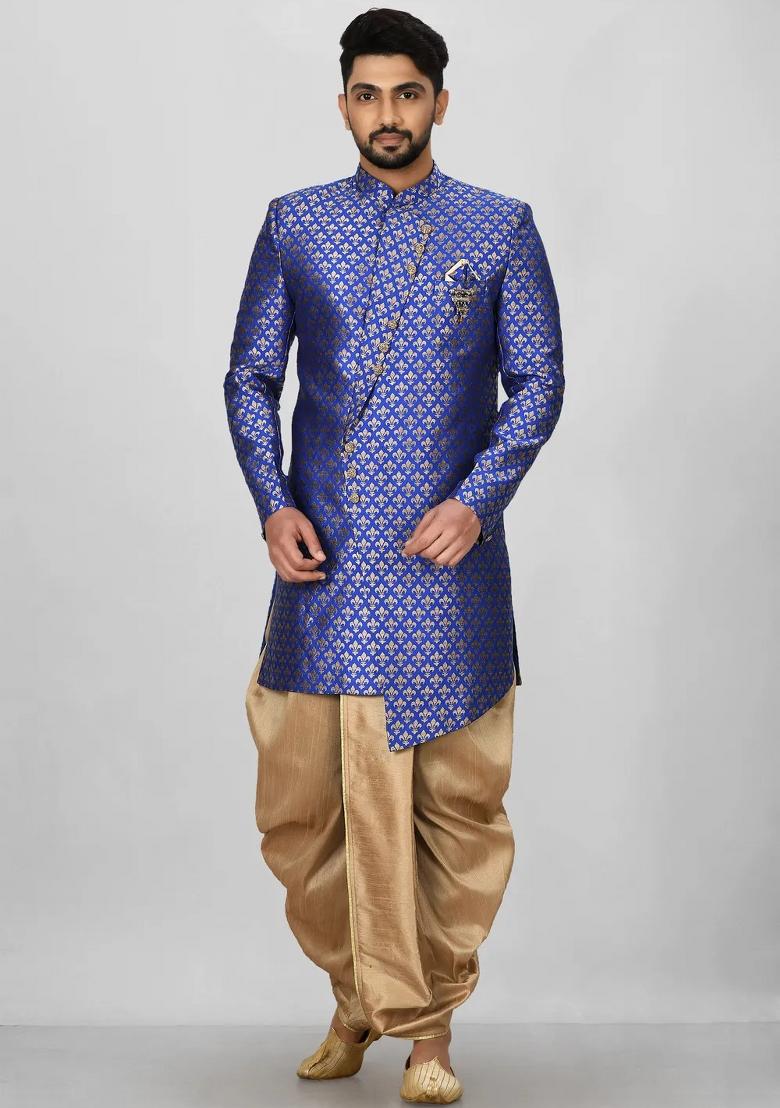 Royal Blue Embroidered Jacquard Indo Western Sherwani Set For Men