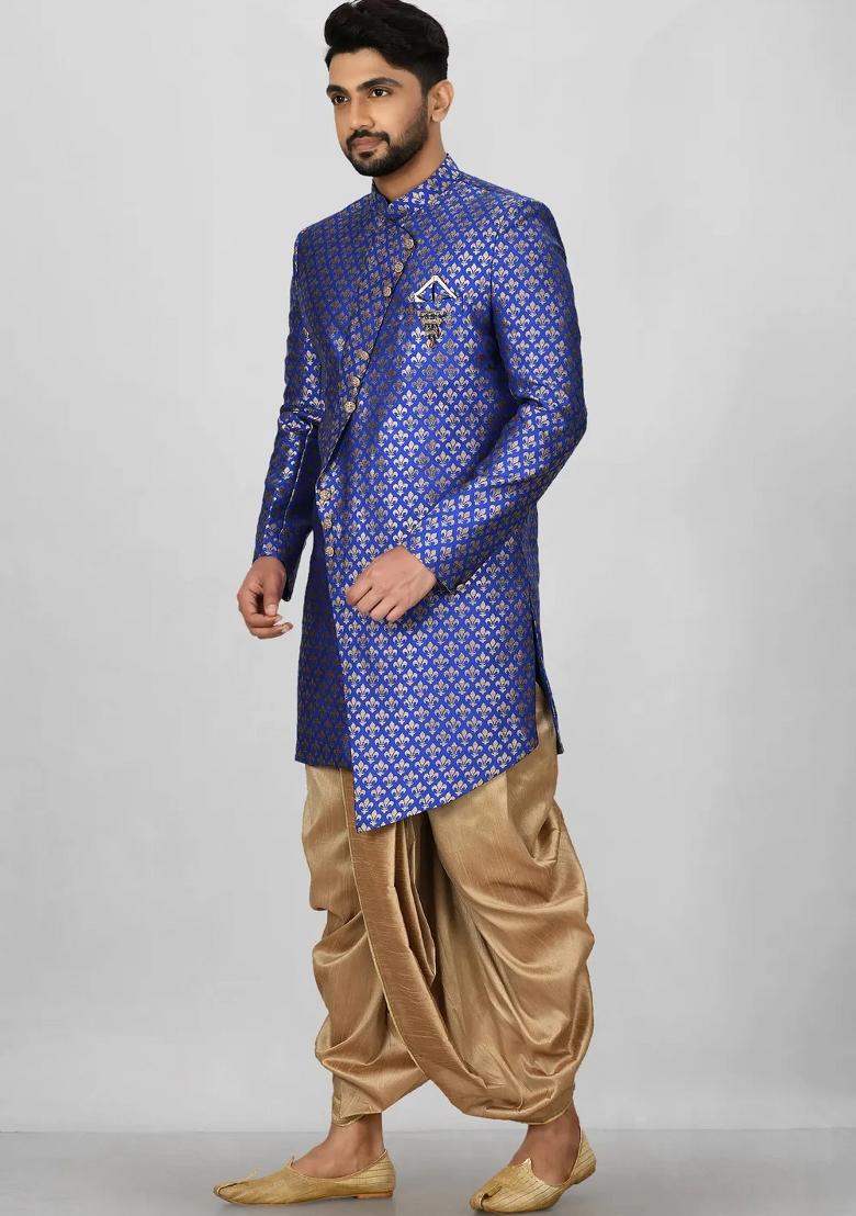 Royal Blue Embroidered Jacquard Indo Western Sherwani Set For Men