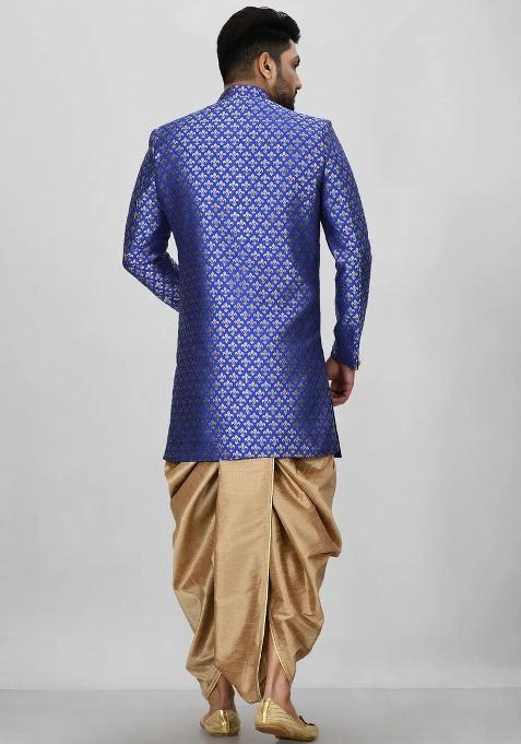 Royal Blue Embroidered Jacquard Indo Western Sherwani Set For Men