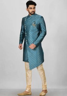 Teal Green Embroidered Jacquard Indo Western Sherwani For Men