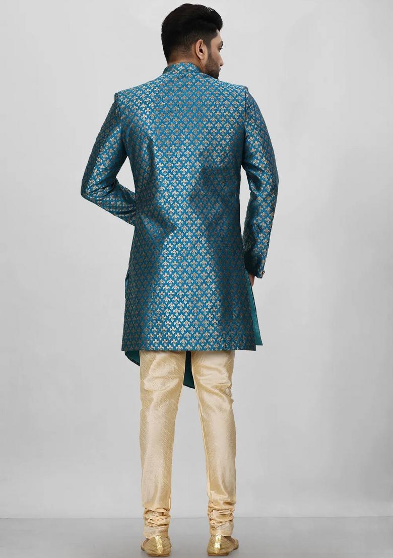 Teal Green Embroidered Jacquard Indo Western Sherwani For Men