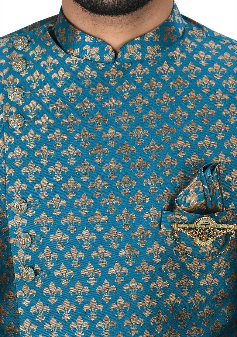 Teal Green Embroidered Jacquard Indo Western Sherwani For Men