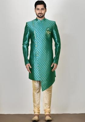 Teal Green Embroidered Jacquard Indo Western Sherwani Set For Men