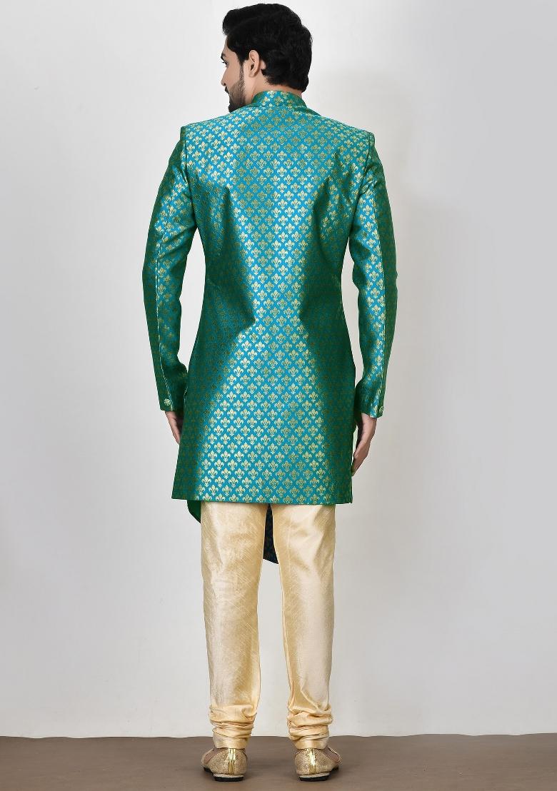 Teal Green Embroidered Jacquard Indo Western Sherwani Set For Men