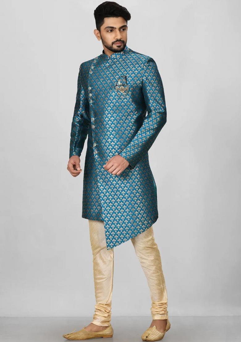Teal Green Embroidered Jacquard Indo Western Sherwani Set For Men
