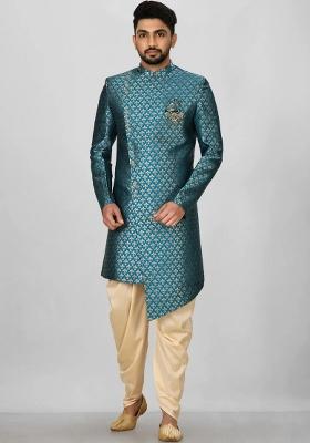 Teal Green Embroidered Jacquard Indo Western Sherwani Set For Men