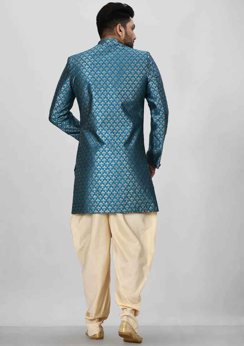 Teal Green Embroidered Jacquard Indo Western Sherwani Set For Men