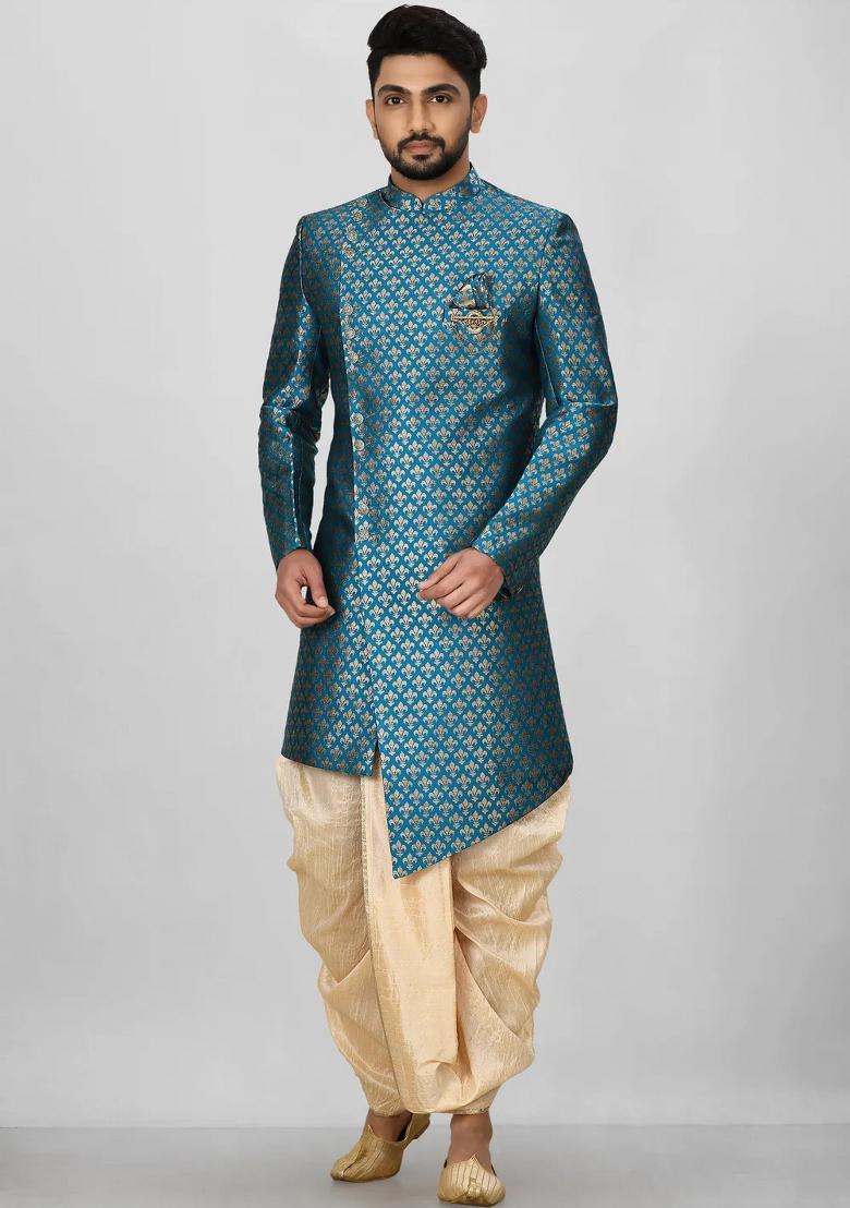 Teal Green Embroidered Jacquard Indo Western Sherwani Set For Men