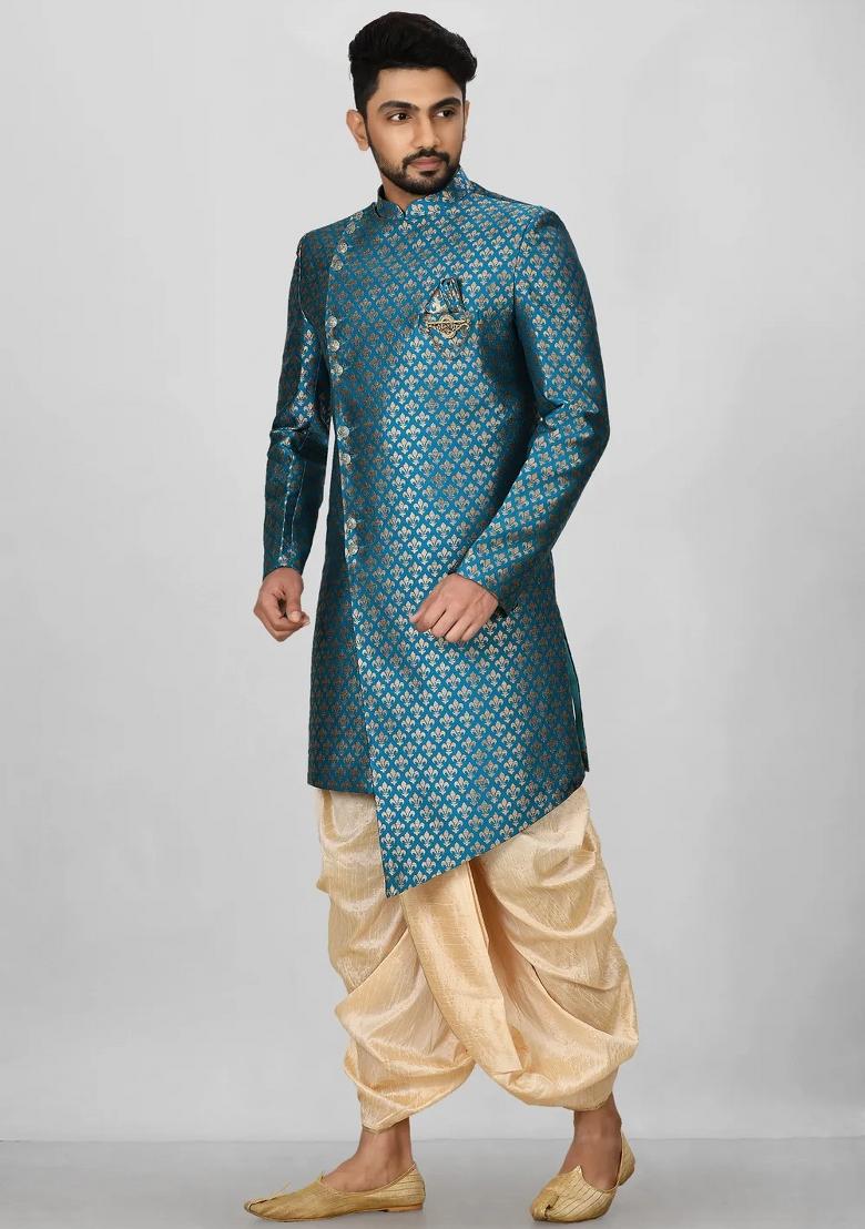 Teal Green Embroidered Jacquard Indo Western Sherwani Set For Men