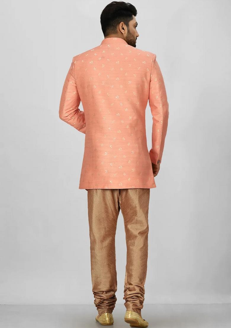 Peach Embroidered Jacquard Indo Western Sherwani For Men