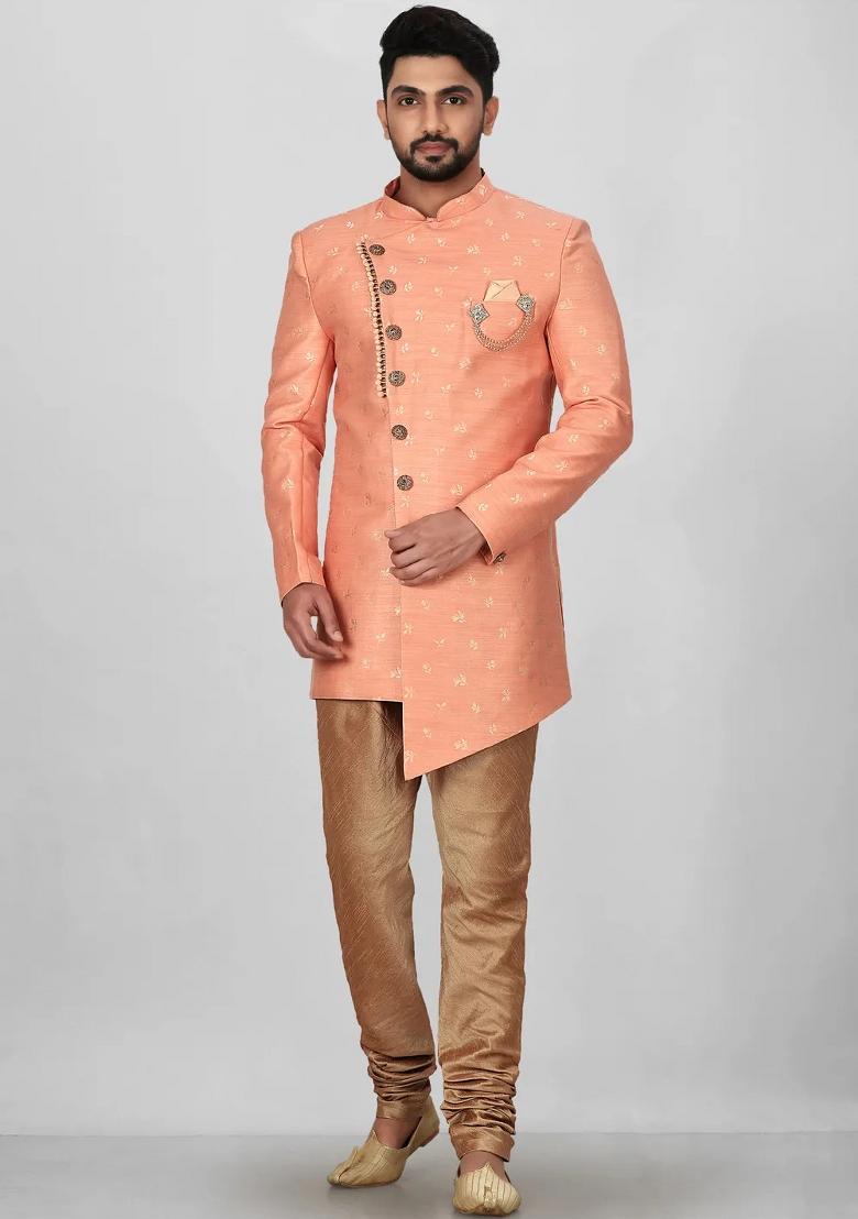 Peach Embroidered Jacquard Indo Western Sherwani Set For Men - Indya