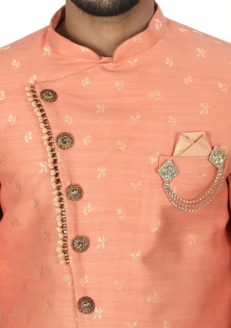 Peach Embroidered Jacquard Indo Western Sherwani Set For Men - Indya