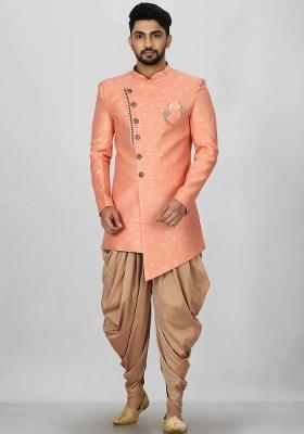 Peach Embroidered Jacquard Indo Western Sherwani Set For Men