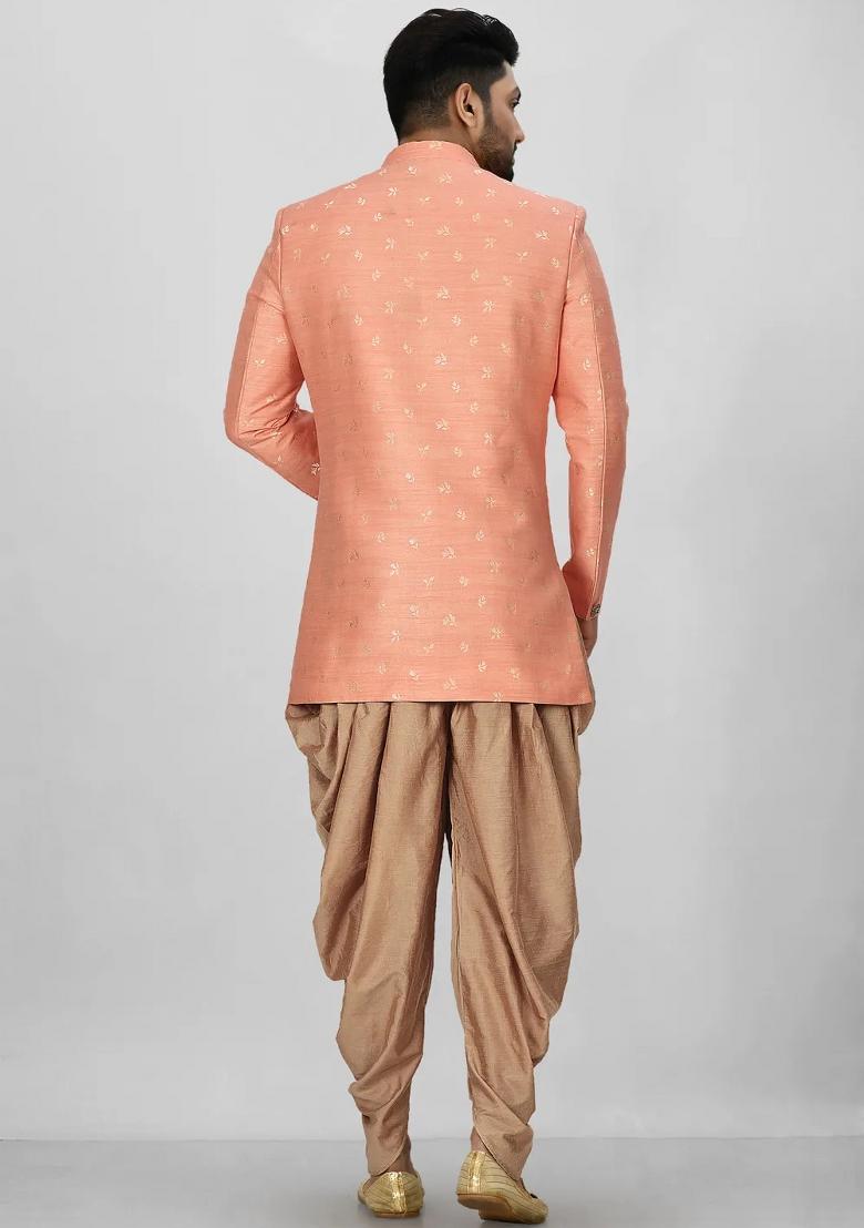 Peach Embroidered Jacquard Indo Western Sherwani Set For Men