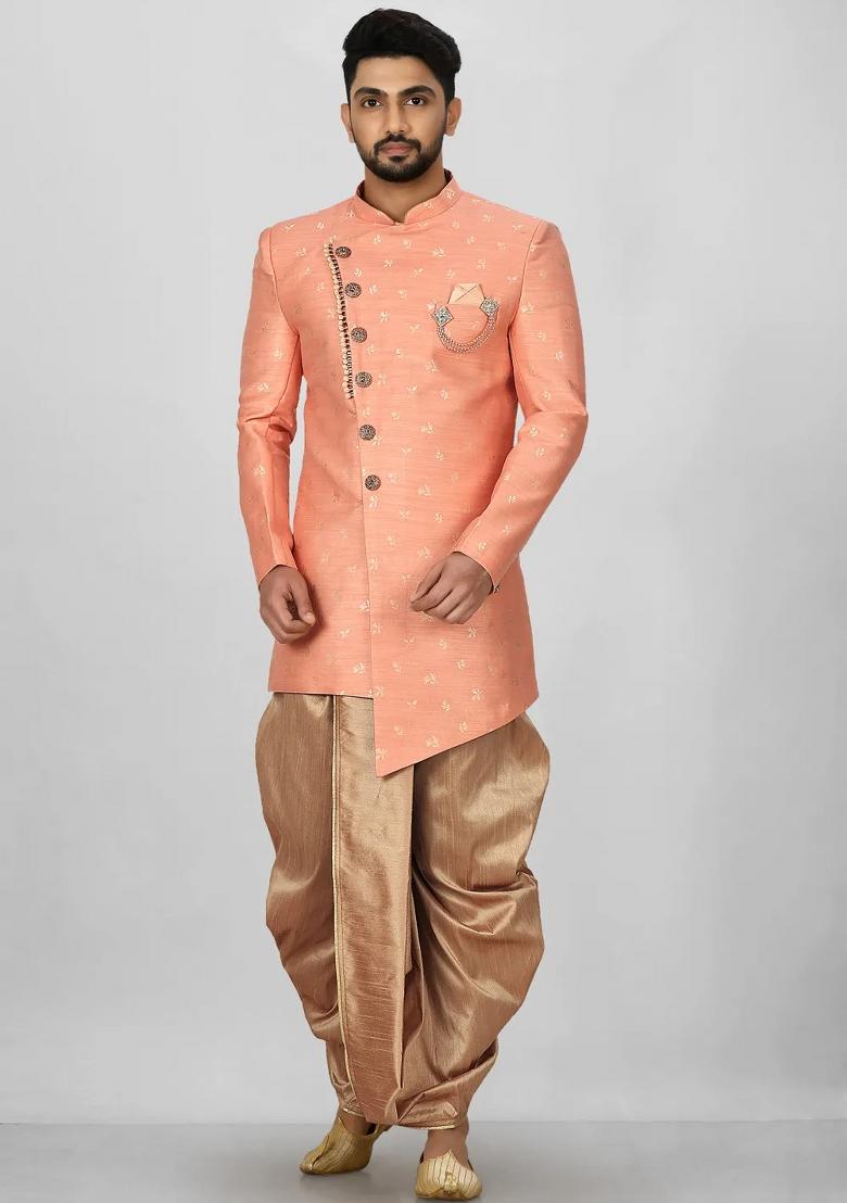 Peach Embroidered Jacquard Indo Western Sherwani Set For Men
