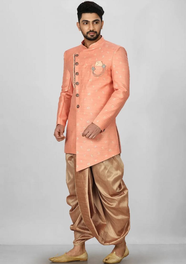Peach Embroidered Jacquard Indo Western Sherwani Set For Men