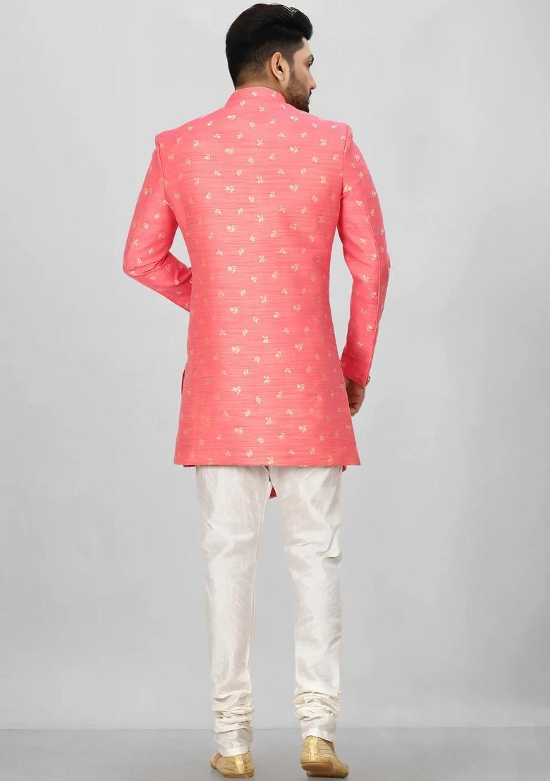 Pink Embroidered Jacquard Indo Western Sherwani For Men