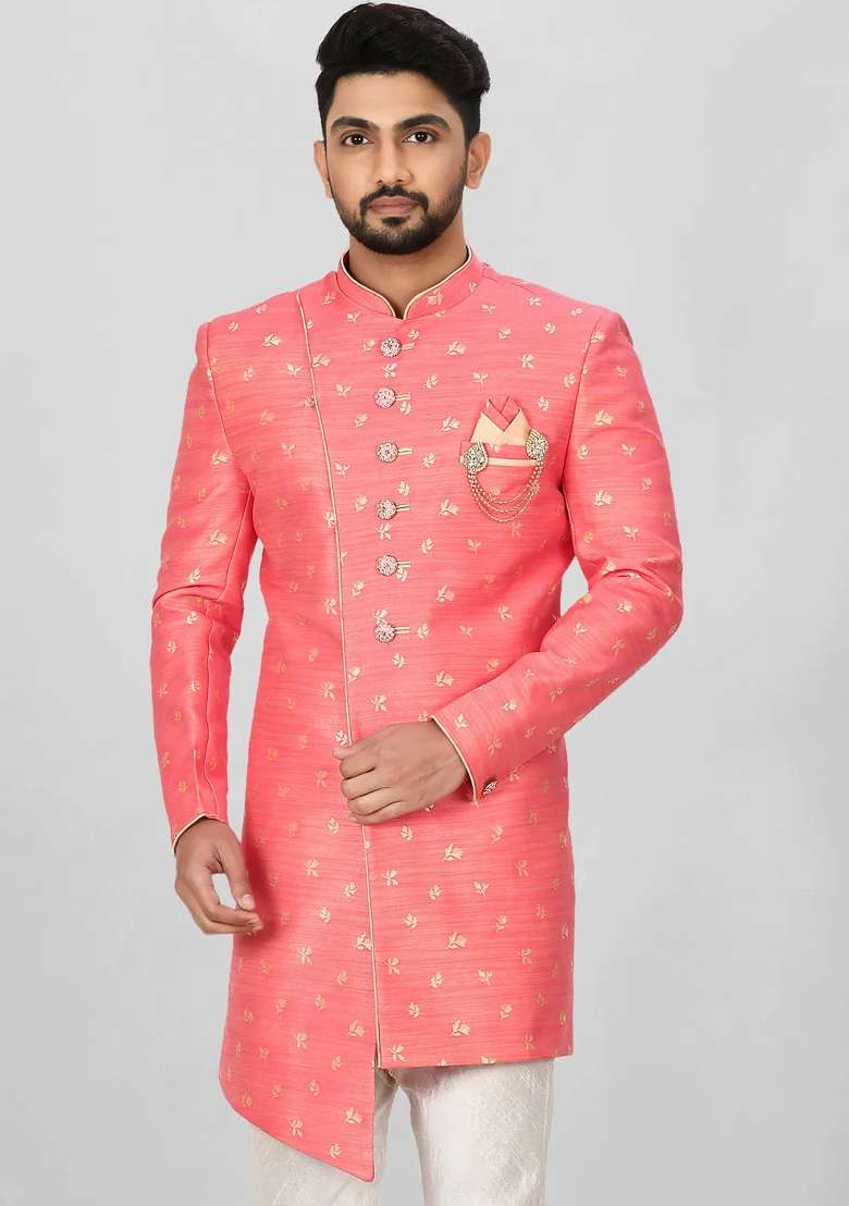 Pink Embroidered Jacquard Indo Western Sherwani For Men - Indya