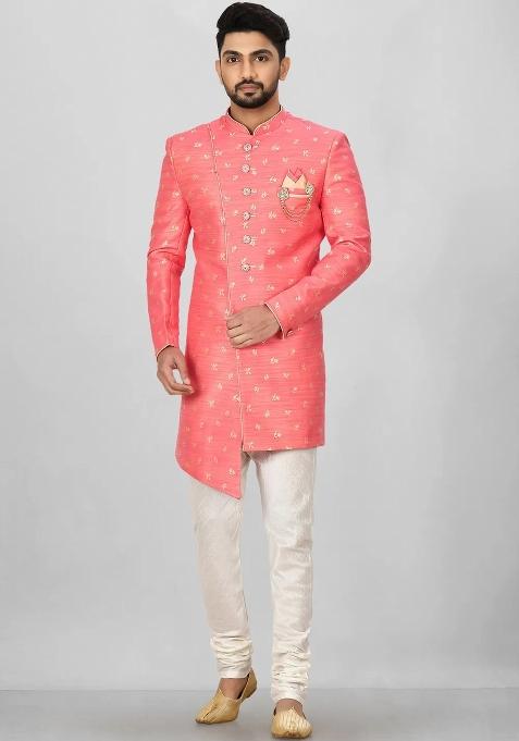 Pink Embroidered Jacquard Indo Western Sherwani For Men — view on Indya