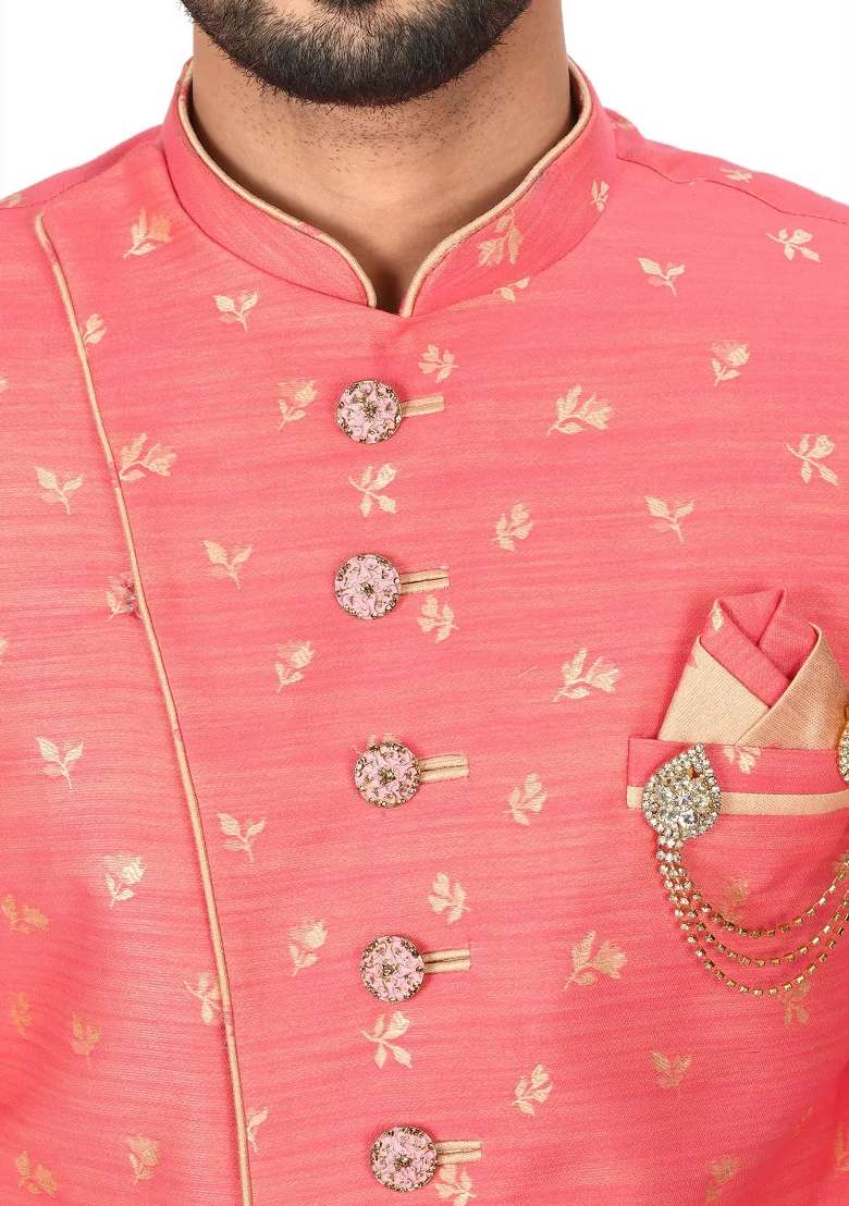 Pink Embroidered Jacquard Indo Western Sherwani Set For Men - Indya