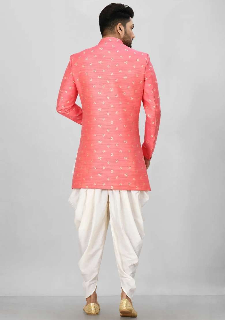 Pink Embroidered Jacquard Indo Western Sherwani Set For Men - Indya