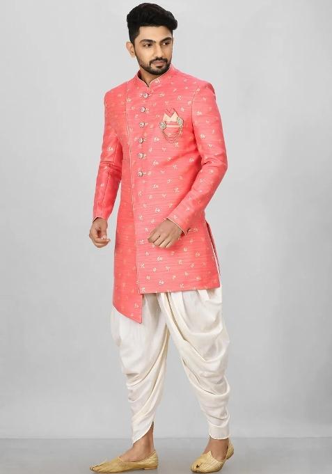 Pink Embroidered Jacquard Indo Western Sherwani Set For Men