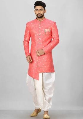 Pink Embroidered Jacquard Indo Western Sherwani Set For Men