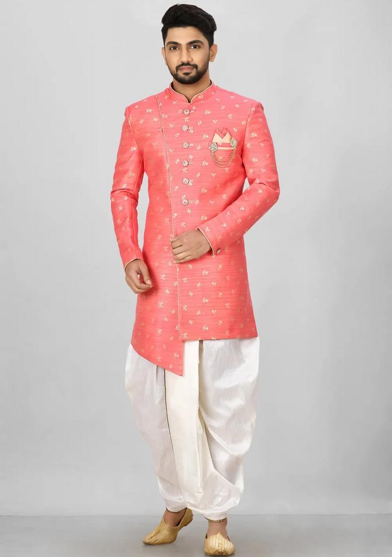 Pink Embroidered Jacquard Indo Western Sherwani Set For Men