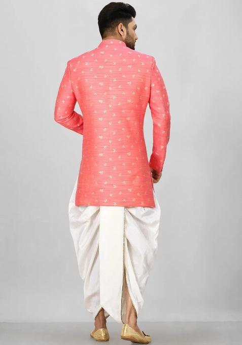 Pink Embroidered Jacquard Indo Western Sherwani Set For Men