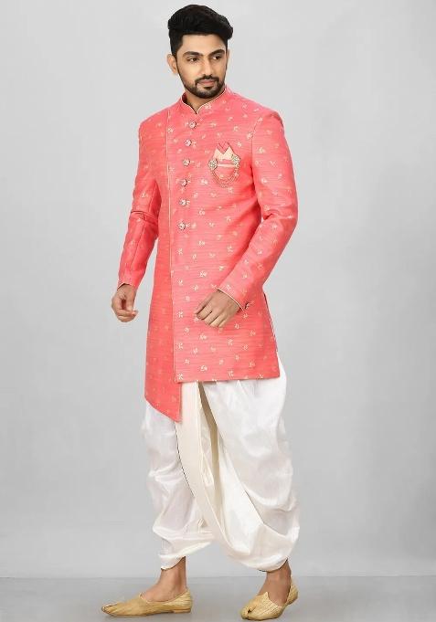 Pink Embroidered Jacquard Indo Western Sherwani Set For Men