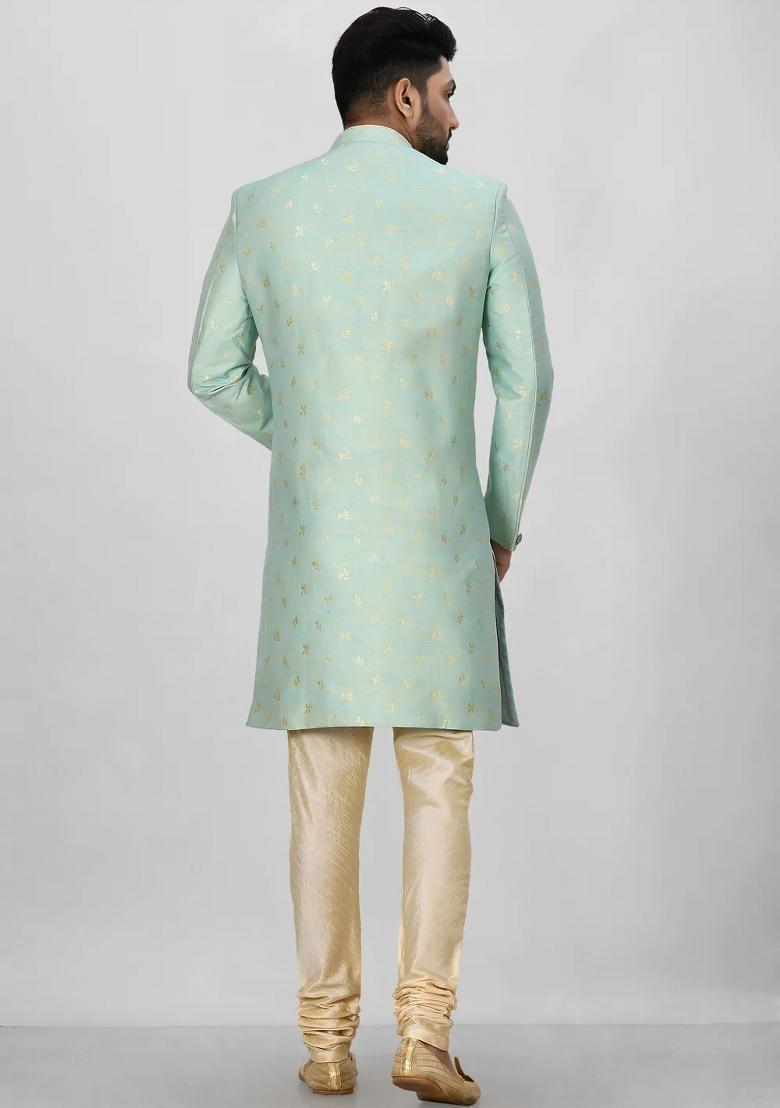 Sea Green Embroidered Jacquard Indo Western Sherwani For Men
