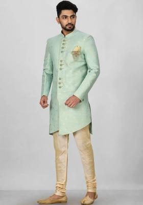 Sea Green Embroidered Jacquard Indo Western Sherwani Set For Men