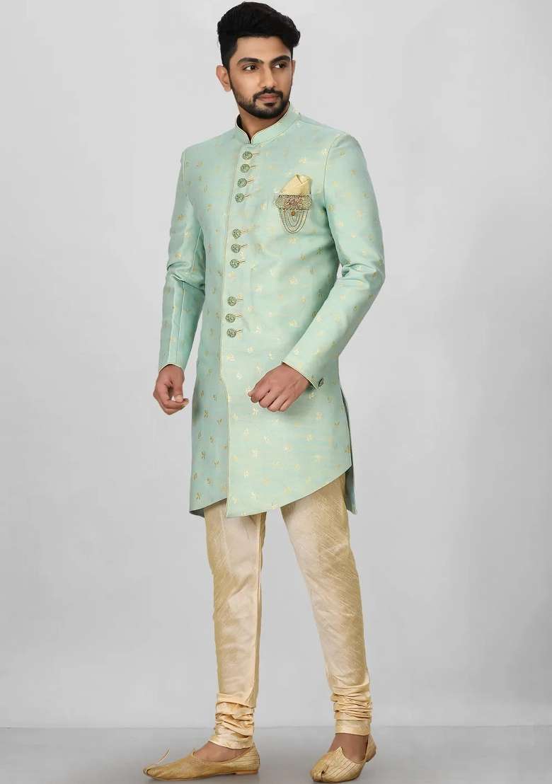 Sea Green Embroidered Jacquard Indo Western Sherwani Set For Men - Indya