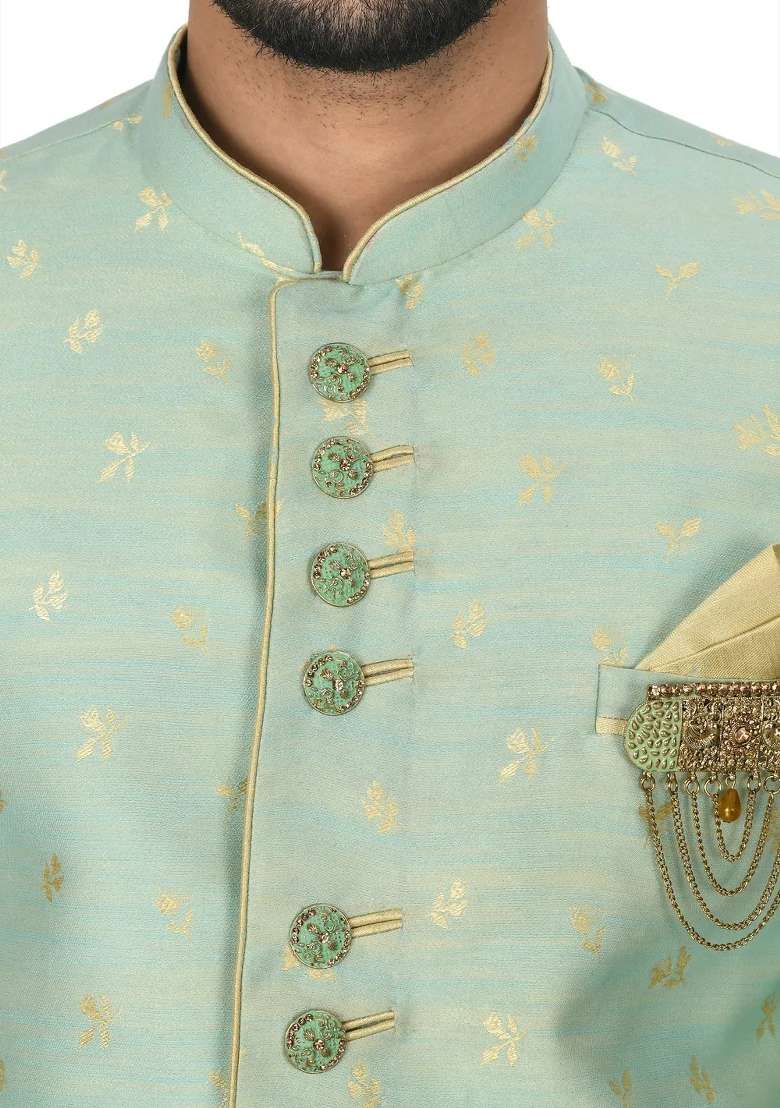 Sea Green Embroidered Jacquard Indo Western Sherwani Set For Men - Indya