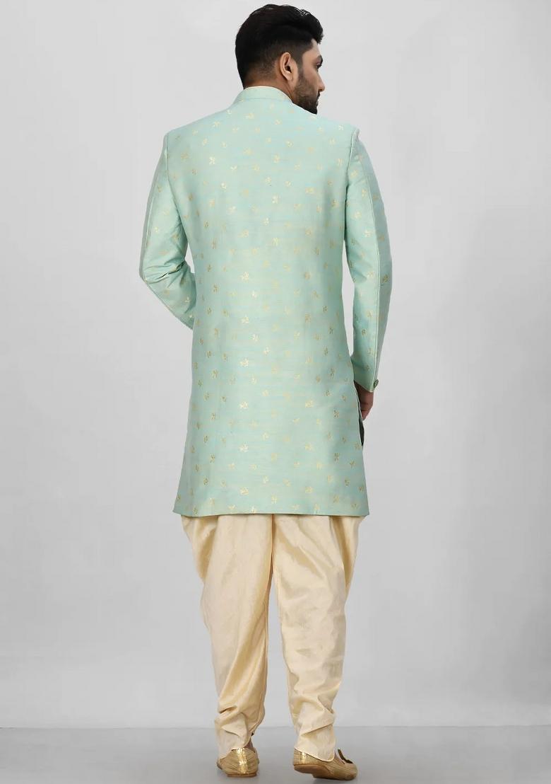 Sea Green Embroidered Jacquard Indo Western Sherwani Set For Men