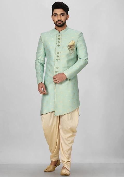 Sea Green Embroidered Jacquard Indo Western Sherwani Set For Men