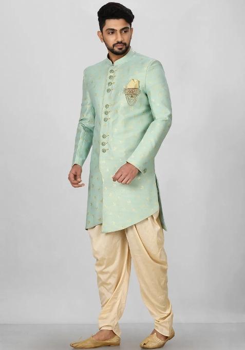 Sea Green Embroidered Jacquard Indo Western Sherwani Set For Men