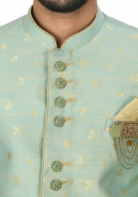 Sea Green Embroidered Jacquard Indo Western Sherwani Set For Men