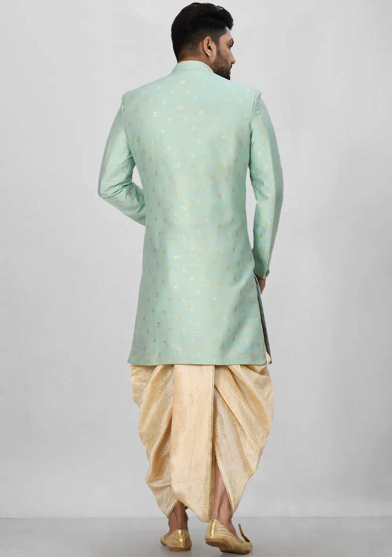 Sea Green Embroidered Jacquard Indo Western Sherwani Set For Men - Indya