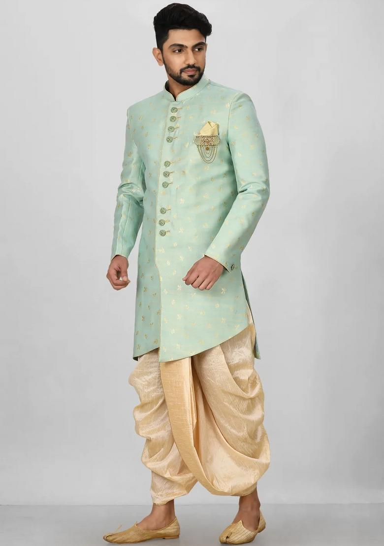 Sea Green Embroidered Jacquard Indo Western Sherwani Set For Men