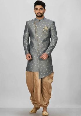 Dark Grey Embroidered Jacquard Indo Western Sherwani For Men