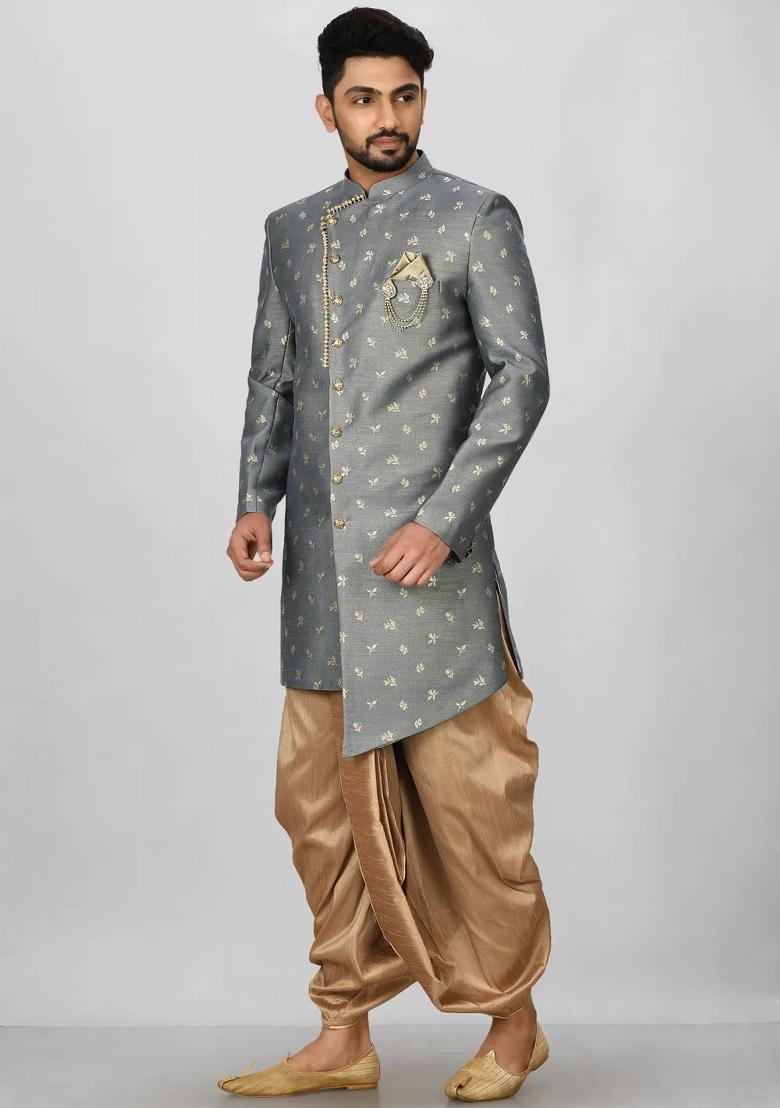 Dark Grey Embroidered Jacquard Indo Western Sherwani For Men