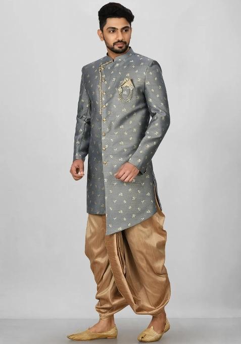 Dark Grey Embroidered Jacquard Indo Western Sherwani For Men