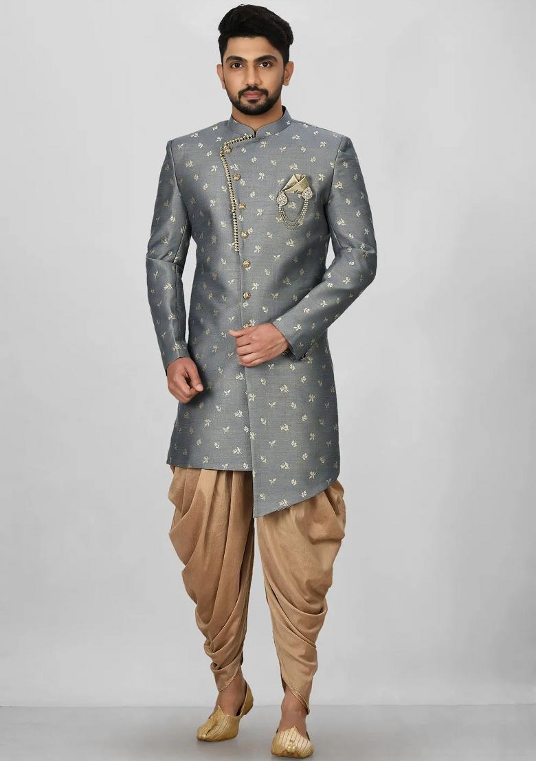 Dark Grey Embroidered Jacquard Indo Western Sherwani Set For Men