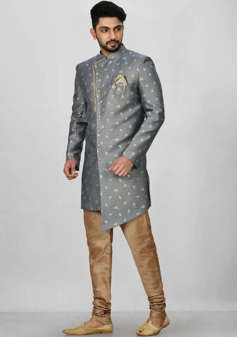 Dark Grey Embroidered Jacquard Indo Western Sherwani Set For Men