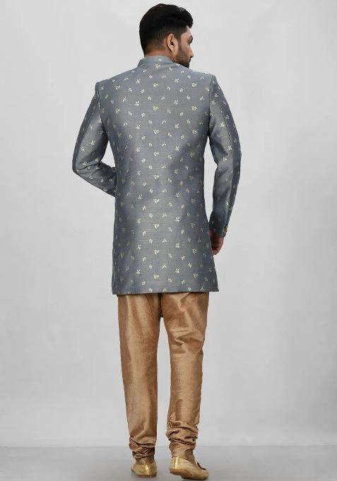 Dark Grey Embroidered Jacquard Indo Western Sherwani Set For Men