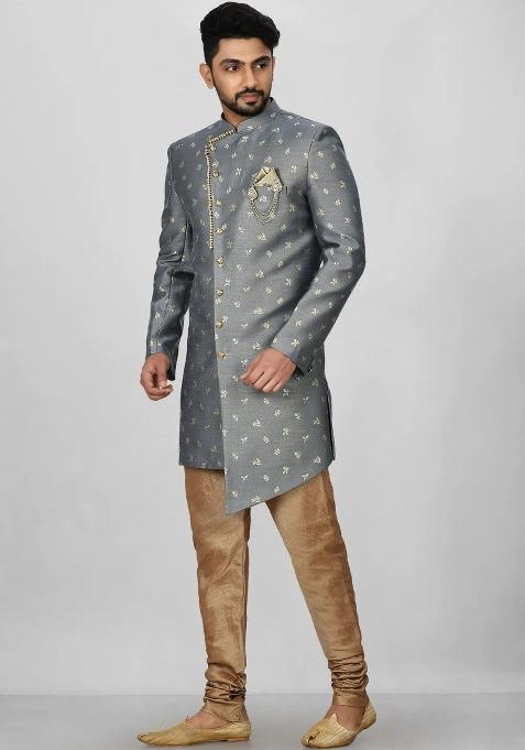 Dark Grey Embroidered Jacquard Indo Western Sherwani Set For Men