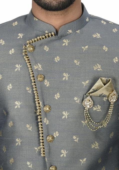 Dark Grey Embroidered Jacquard Indo Western Sherwani Set For Men