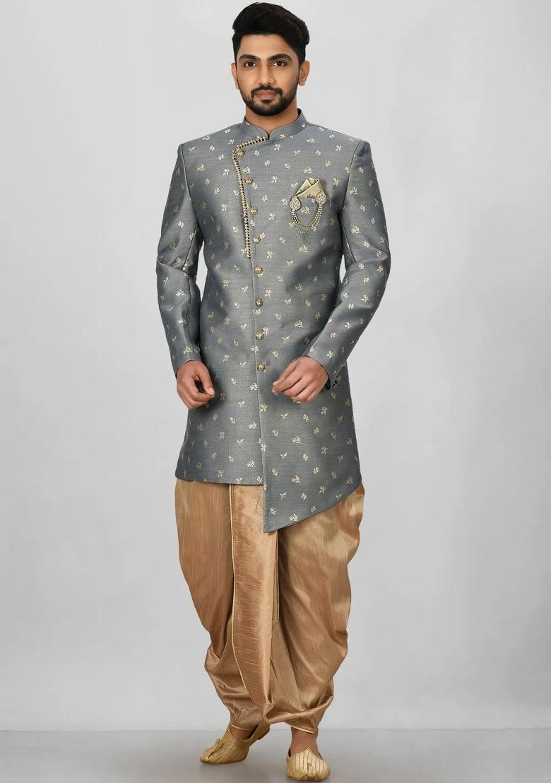 Dark Grey Embroidered Jacquard Indo Western Sherwani Set For Men