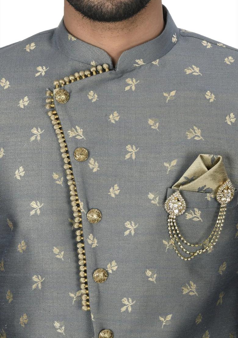 Dark Grey Embroidered Jacquard Indo Western Sherwani Set For Men